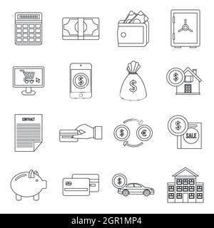 Icons set crédit style du contour, Illustration de Vecteur