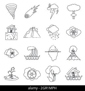 La prévention des catastrophes naturelles, contours ctyle icons set Illustration de Vecteur