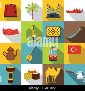 La Turquie travel icons set, style plat Illustration de Vecteur