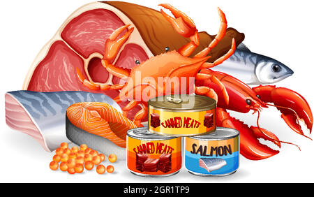 Ensemble de différents aliments de viandes avec des conserves Illustration de Vecteur