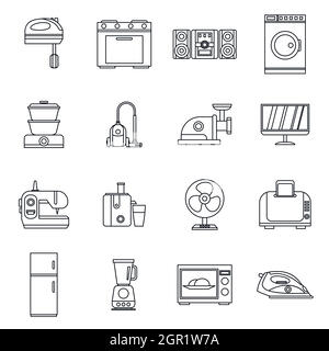 Les appareils ménagers icons set style du contour, Illustration de Vecteur