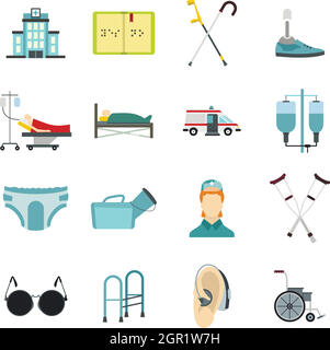 Les personnes à mobilité réduite, soins icons set style plat Illustration de Vecteur