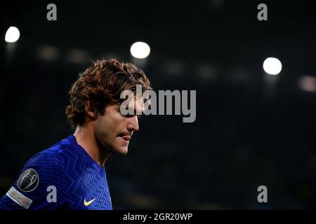 Turin, Italie. 29 septembre 2021. Marcos Alonso de Chelsea réagit lors du match de football du groupe H de la Ligue des champions de l'UEFA entre le FC Juventus et Chelsea au stade Juventus de Turin (Italie), le 29 septembre 2021. Photo Federico Tardito/Insidefoto Credit: Insidefoto srl/Alay Live News Banque D'Images