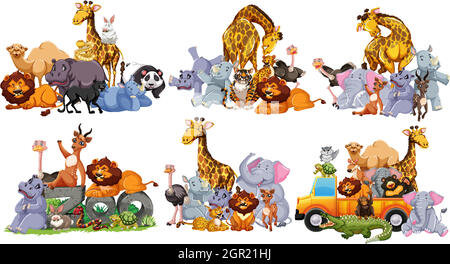 Groupe d'animaux sauvages dans beaucoup pose style de dessin animé isolé sur fond blanc Illustration de Vecteur