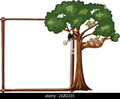 Bannière vide avec animal sauvage sur un gros arbre sur fond blanc Illustration de Vecteur