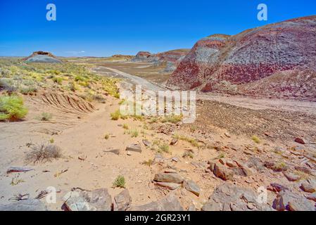 Une route de service qui passe par Billings Gap sur le côté ouest de Red Basin dans le parc national de la Forêt pétrifiée en Arizona. Banque D'Images