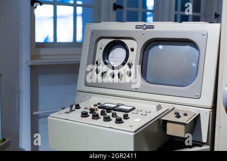 Rare panneau de communication au Musée de la radio électronique. Banque D'Images