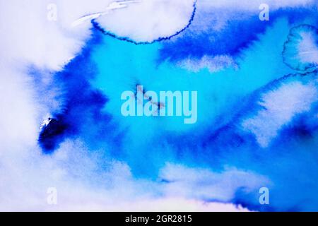 Taches bleues, aquarelle abstraite fond peint à la main, couleur aniline, aquarelle. Banque D'Images