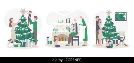 Ensemble de Noël avec la famille pendant les vacances de Noël, du nouvel an. Illustration vectorielle plate. Les gens heureux décorent l'arbre de Noël, ouvrent des cadeaux et disent Illustration de Vecteur
