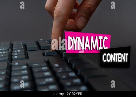 Affiche affichant le contenu dynamique. Concept Internet contenu Web qui change en fonction du comportement de l'utilisateur mains pointant en appuyant sur ordinateur clavier Banque D'Images