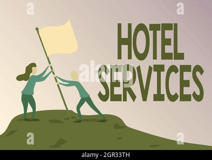 Écriture du texte affichant les services de l'hôtel. Équipements de photo conceptuels prestations d'un logement et maison d'hébergement Homme et femme dessin debout Banque D'Images