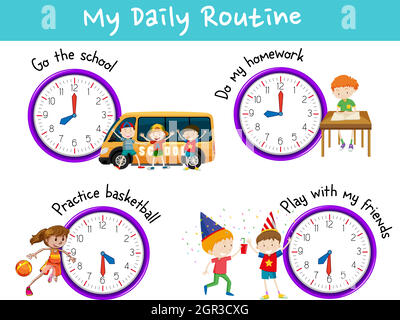 Routine quotidienne pour les enfants avec horloge et activités Illustration de Vecteur