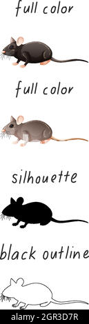 Ensemble de souris en couleur, silhouette et contour noir sur fond blanc Illustration de Vecteur