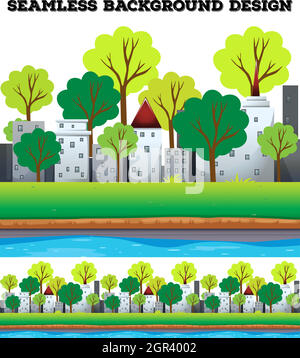 Bâtiments et arbres sans couture le long de la rivière Illustration de Vecteur