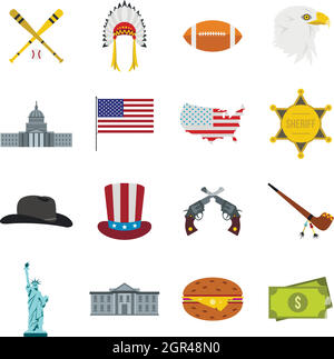 USA icons set, style plat Illustration de Vecteur