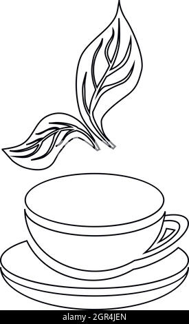 Tasse de thé et de feuille de menthe, icône de style contour Illustration de Vecteur