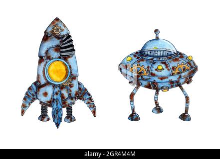 Jeu d'illustrations aquarelles de la fusée et de la soucoupe volante de la technologie spatiale. Gros vieux vaisseau spatial. Apocalypse. Dessin pour enfants. Isolé sur fond blanc Banque D'Images