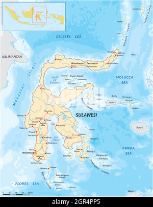 Carte routière vectorielle de la Grande île de Sunda Sulawesi, Indonésie Illustration de Vecteur