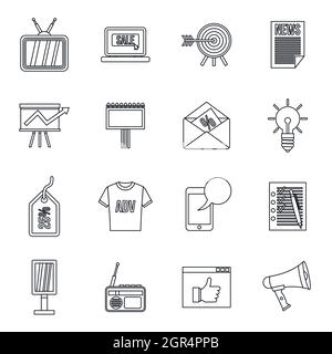 Publicité icons set style du contour, Illustration de Vecteur