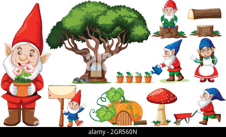 Ensemble de personnages de dessin animé gnome de jardin sur fond blanc Illustration de Vecteur