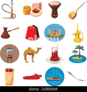 La Turquie travel icons set, cartoon style Illustration de Vecteur