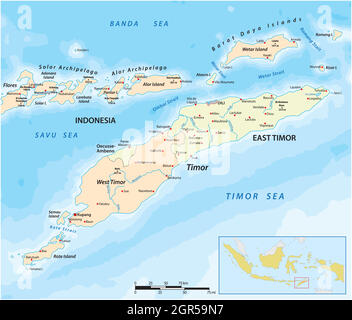 Carte de l'île du Timor, du Timor oriental et de l'Indonésie Illustration de Vecteur