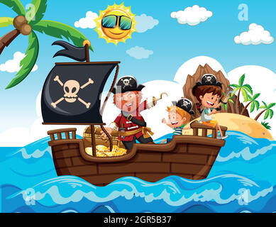 Pirate et enfants sur le bateau Illustration de Vecteur