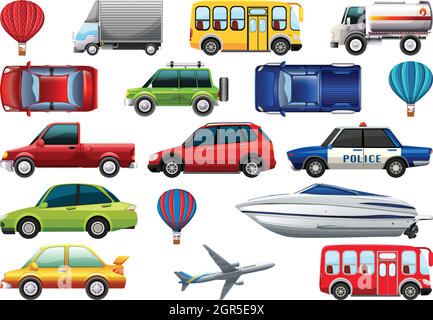 Pack de transport avec voitures, camions, avions, bateaux, bus, bulle Illustration de Vecteur