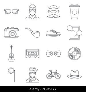 Icons set hippie style du contour, Illustration de Vecteur