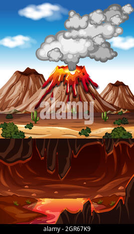 Éruption volcanique dans la scène de la nature le jour avec lave dans la scène de grotte infernale Illustration de Vecteur