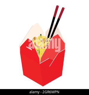 Wok nouilles avec champignons et salat dans boîte en carton vierge et baguettes. Livraison de nourriture asiatique. Vue isométrique. Vecteur Illustration de Vecteur