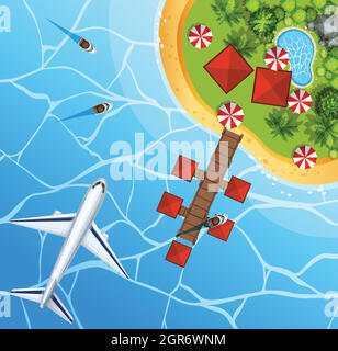 Vue sur l'océan depuis le sommet avec avion dans le ciel Illustration de Vecteur