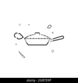 Poêle à frire avec couvercle, la vapeur coule de l'icône de ligne vectorielle simple. Panneau relatif aux ustensiles de cuisine isolé sur fond blanc. Contour modifiable. Régler li Illustration de Vecteur