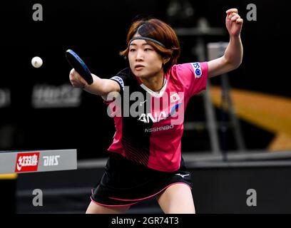 Doha, Qatar. 30 septembre 2021. Ando Minami du Japon concurrence Shin Yubin de la Corée du Sud lors de la finale de l'équipe féminine aux Championnats d'Asie ITTF-ATTU 2021 Doha à Doha, Qatar, le 30 septembre 2021. Credit: Nikku/Xinhua/Alay Live News Banque D'Images