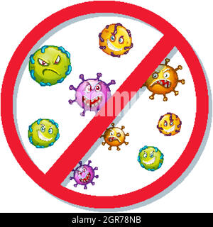 Stop signe avec de nombreuses cellules virales sur fond blanc Illustration de Vecteur