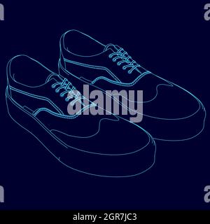 Le contour de la sneaker à partir de lignes bleues sur fond sombre. Vue isométrique. Illustration vectorielle. Illustration de Vecteur
