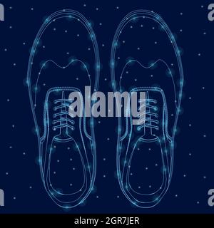 Le contour d'une sneaker faite de lignes bleues avec des lumières brillantes sur un fond sombre. Vue de dessus. Illustration vectorielle. Illustration de Vecteur