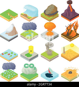 Catastrophe naturelle icons set, style 3D isométrique Illustration de Vecteur