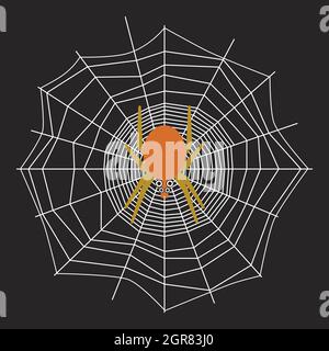 L'araignée toxique rampe le long de la toile et attend sa proie. Arthropode effrayant sur le Web. Toile d'araignée abstraite avec lignes de guidage et de signal sur fond noir. Illustration de Vecteur
