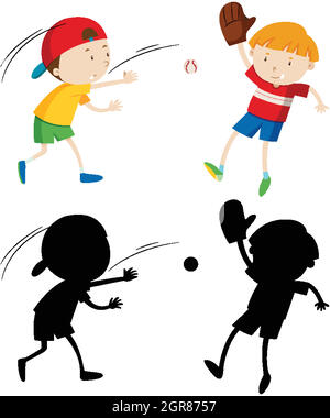 Deux enfants jouant au baseball en couleur et en silhouette Illustration de Vecteur