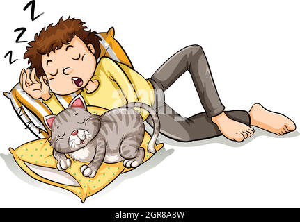 Homme prenant la sieste avec chat d'animal de compagnie Illustration de Vecteur
