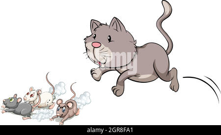 Chaton gris pourchassant la souris Illustration de Vecteur