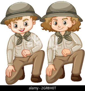 Garçon et fille en costume safari sur fond blanc Illustration de Vecteur