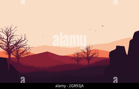 Belle vue sur les montagnes dans l'après-midi avec la silhouette d'arbres secs autour. Illustration vectorielle d'une ville Illustration de Vecteur