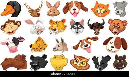 Ensemble de différents animaux de dessin animé mignon tête énorme isolé sur fond blanc Illustration de Vecteur