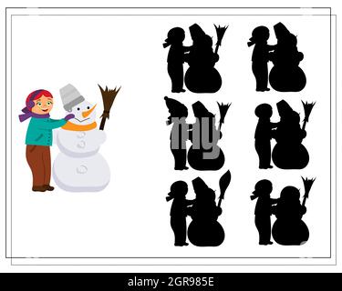 Jeu de puzzle pour les enfants trouver l'ombre droite, mignon dessin animé les enfants font un bonhomme de neige. Vecteur isolé sur un fond blanc Illustration de Vecteur