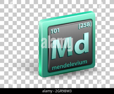 Élément chimique mendelevium. Symbole chimique avec numéro atomique et masse atomique. Illustration de Vecteur