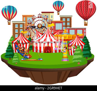 Scène avec de nombreuses manèges dans le parc Illustration de Vecteur