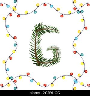 Lettre G des branches vertes de l'arbre de Noël. Police et cadre festifs de guirlande, symbole du nouvel an et de Noël heureux, signe de l'alphabet Illustration de Vecteur