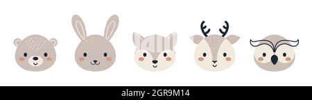 Ensemble de têtes d'animaux boisés mignons de style scandinave. Collection animaux personnages drôles pour enfants cartes, douche de bébé, invitation d'anniversaire, maison i Illustration de Vecteur
